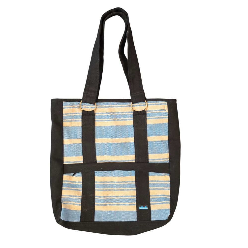 Kavu Market Bag Canvas Tote Striped Blue Cream Black Shoulder Bag Zip Top